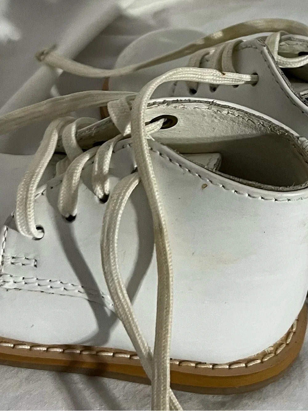 Baby White Leather Lace-Up Walker Shoes with Tan Sole